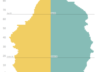 Mirrored age distribution chart comparing the U.S. population in 2000 and 2025 by single year of age. The 2025 population is larger overall and more concentrated at older ages, while the 2000 population has a larger share at younger and middle ages. Reference lines mark age 18 and age 65. Ages 85 and older are excluded from the distribution because they are grouped into a single 85+ category in the source data.